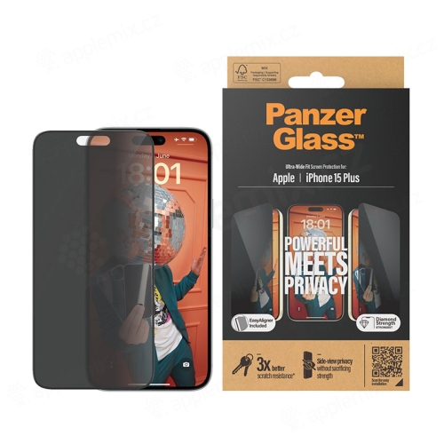 Tvrdené sklo PANZERGLASS pre Apple iPhone 15 - súkromie - čierny rám - 0,4 mm