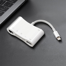 Přepojka / adaptér pro Apple iPhone / iPad - Lightning / 2x USB-A + ethernet + SD + Lightning - bílá