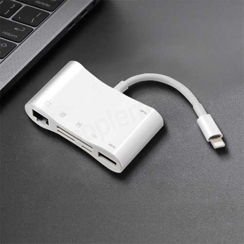 Konektor / adaptér pre Apple iPhone / iPad - Lightning / 2x USB-A + ethernet + SD + Lightning - biely