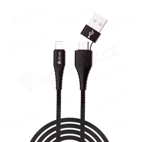 Synchronizačný a nabíjací kábel DEVIA Lightning - dvojitý vstupný konektor USB-C / USB - šnúrka - 1 m - čierny
