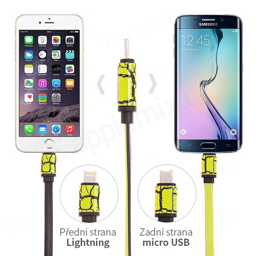 Kabel 2v1 synchronizační a nabíjecí Lightning a micro USB - žlutý / zelený - 1m