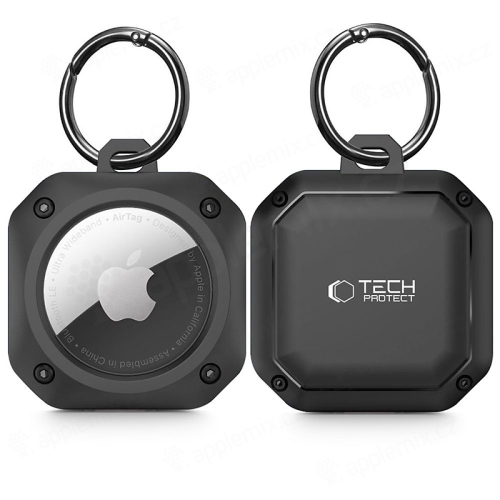 Kryt / obal TECH-PROTECT pro Apple AirTag - kovová karabina - odolný - gumový - černý