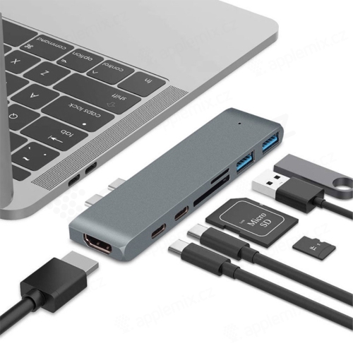 Dokovací stanice / port replikátor pro Apple MacBook Pro - 2x USB-C na 2x USB-C + HDMI + 2x USB-A + SD - šedá