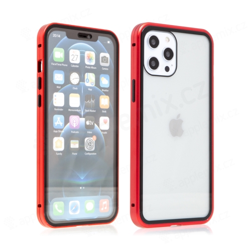 Kryt pro Apple iPhone 12 Pro Max - magnetické uchycení - sklo / kov - 360° ochrana - průhledný / červený