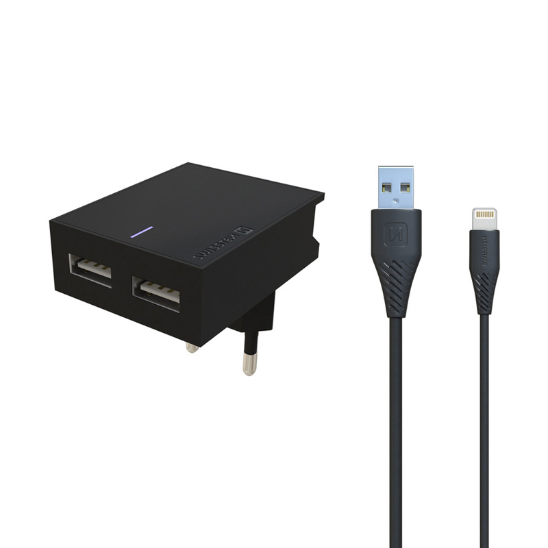 SWISSTEN nabíjecí sada 2x USB -EU adaptér a kabel MFi Lightning - černá; 22046000