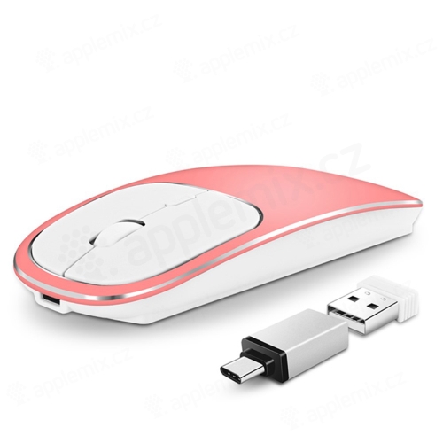 Optická bezdrôtová myš - prijímač USB + adaptér USB-C - dobíjacia - ružová