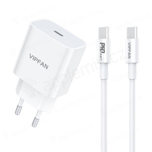 2v1 nabíjecí sada VIPFAN pro Apple iPhone / iPad - EU adaptér + kabel USB-C - USB-C 1m - 20W - bílá