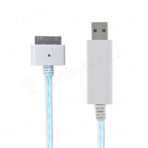 Synchronizačný a nabíjací kábel s 30pinovým konektorom pre Apple iPhone / iPad / iPod - Biely s modrým podsvietením