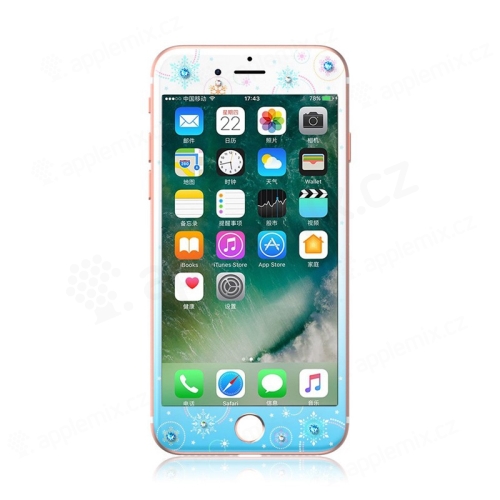 Tvrzené sklo (Tempered Glass) KAVARO pro Apple iPhone 7 - s kamínky Swarovski - sněhová vločka - modré / bílé