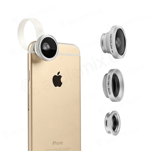 Sada objektivů BASEUS pro Apple iPhone - 3v1 - rybí oko / širokoúhlý / makro - plastová spona - stříbrná
