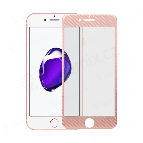 Tvrzené sklo pro Apple iPhone 7 - Rose Gold rámeček - karbonová textura - 0,3mm
