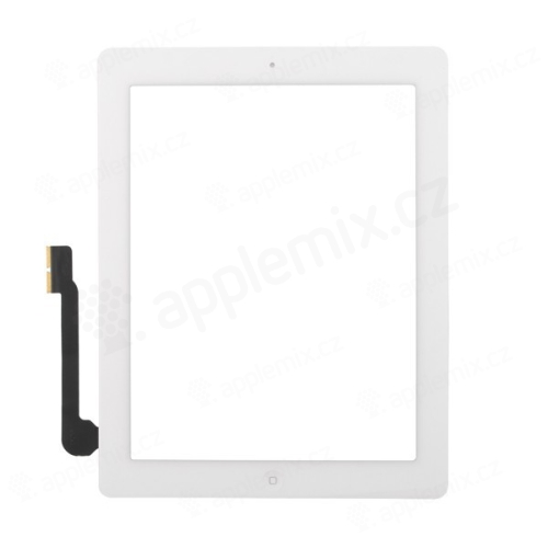 Přední dotykové sklo (touch screen) pro Apple iPad 3.gen. - osazený díl - Home Button + konzole na foto - bílé