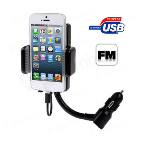 Držák do automobilu pro Apple iPhone 5 / 5C / 5S / SE / 6 / 6S, iPod touch 5 / 6.gen. s autonabíječkou a FM vysílačem - černý