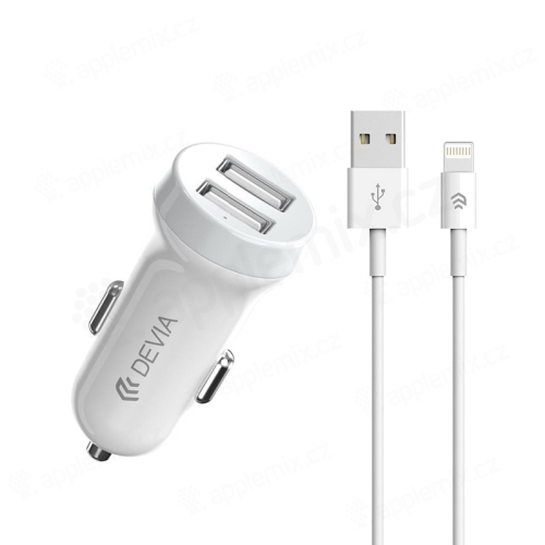 2v1 nabíjecí sada DEVIA pro Apple zařízení - autonabíječka s 2 USB porty (3.1A) a kabel Lightning - bílá
