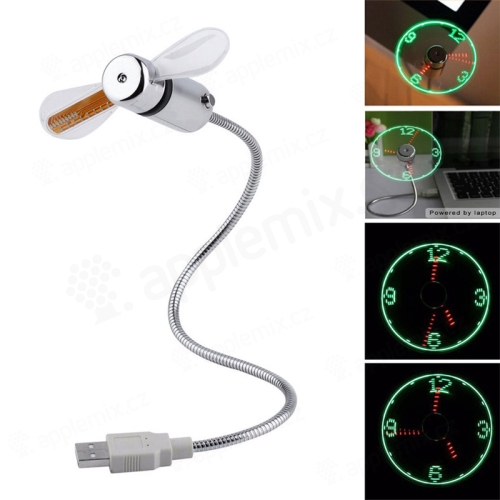 Větráček / ventilátor s USB konektorem - LED hodiny - stříbrný