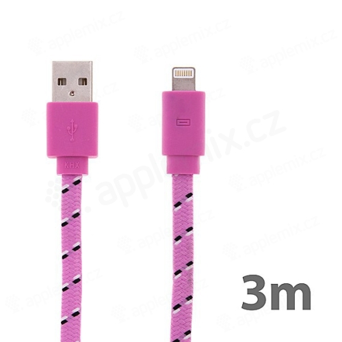 Synchronizačný a nabíjací kábel Lightning pre Apple iPhone / iPad / iPod - Šnúrka - Plochý svetlo ružový - 3 m