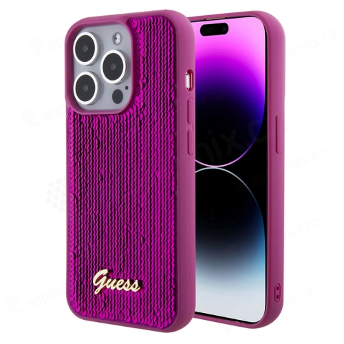 Kryt GUESS Sequin Script pro Apple iPhone 15 Pro - gumový / s flitry - růžový