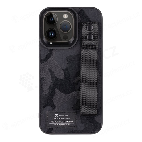 Kryt TACTICAL Camo pre Apple iPhone 14 Pro Max - látkový maskáč + popruh s nitmi - plastový/gumový - čierny