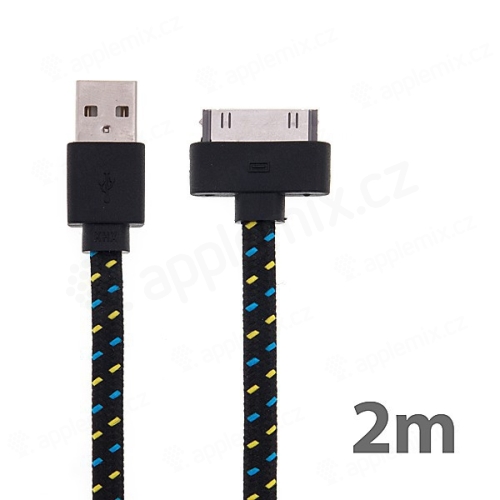 Synchronizační a nabíjecí kabel s 30pin konektorem pro Apple iPhone / iPad / iPod - tkanička - plochý černý - 2m