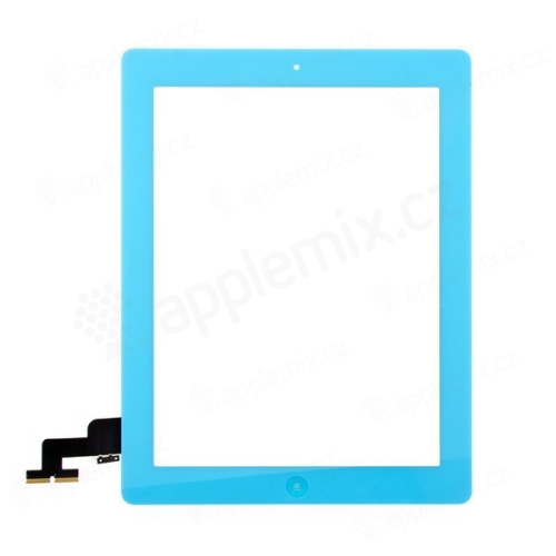 Přední dotykové sklo (touch screen) pro Apple iPad 2.gen. - osazený díl - Home Button + středový rámeček - modré