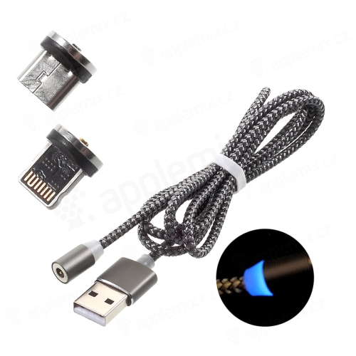 2v1 Kabel Lightning + micro USB magnetický nabíjecí s LED indikátorem 1m - tkanička - šedý