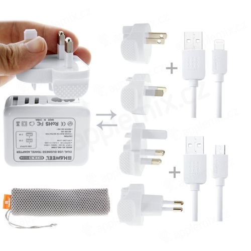 Cestovná súprava HAWEEL - adaptér USB + konektor UK/USA/AU/EU + kábel Lightning + USB-C + látková taška