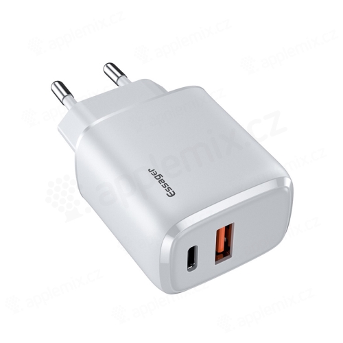 20W napájací adaptér / nabíjačka EÚ ESSAGER - rýchle nabíjanie - USB + USB-C pre Apple iPhone / iPad - biela