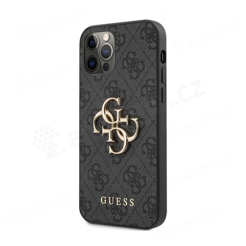GUESS 4G kryt pre Apple iPhone 12 / 12 Pro - 4G kovové logo - umelá koža - sivý