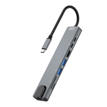 Přepojka / adaptér / rozbočovač XO 8v1 - USB-C na 2x USB-A + 2x USB-C + HDMI + SD + ethernet - šedá