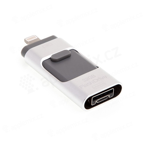 Flash disk 32GB - MFi certifikovaný - USB / Lightning / Micro USB OTG - hliník / plast - stříbrný / šedý