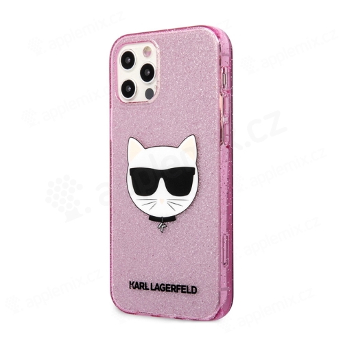 Kryt KARL LAGERFELD Choupette pro Apple iPhone 12 / 12 Pro se třpytkami - gumový - růžový