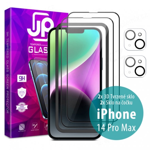 Tvrzené sklo JP Full Pack pro Apple iPhone 14 Pro Max- čiré 3D - sada 2 kusů + aplikátor + 2x sklo na čočku
