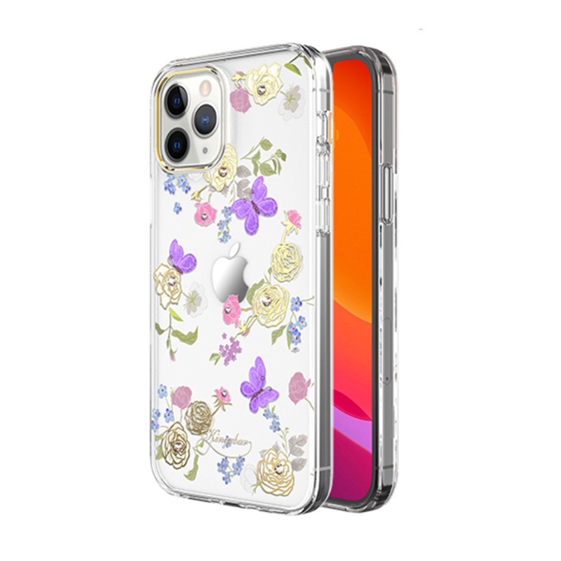 Kryt KINGXBAR pro Apple iPhone 12 / 12 Pro - s kamínky - gumový / plastový - květiny a motýli