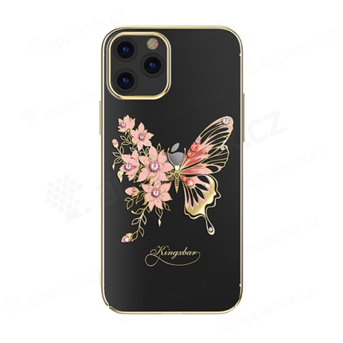 Kryt KINGXBAR pro Apple iPhone 12 / 12 Pro - s kamínky - plastový - motýli a květiny - zlatý / růžový