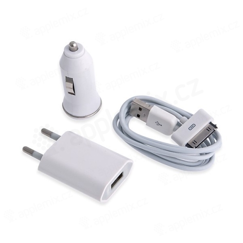 3v1 nabíjecí sada pro Apple iPhone / iPod - EU adaptér, autonabíječka a 30pin kabel - bílá