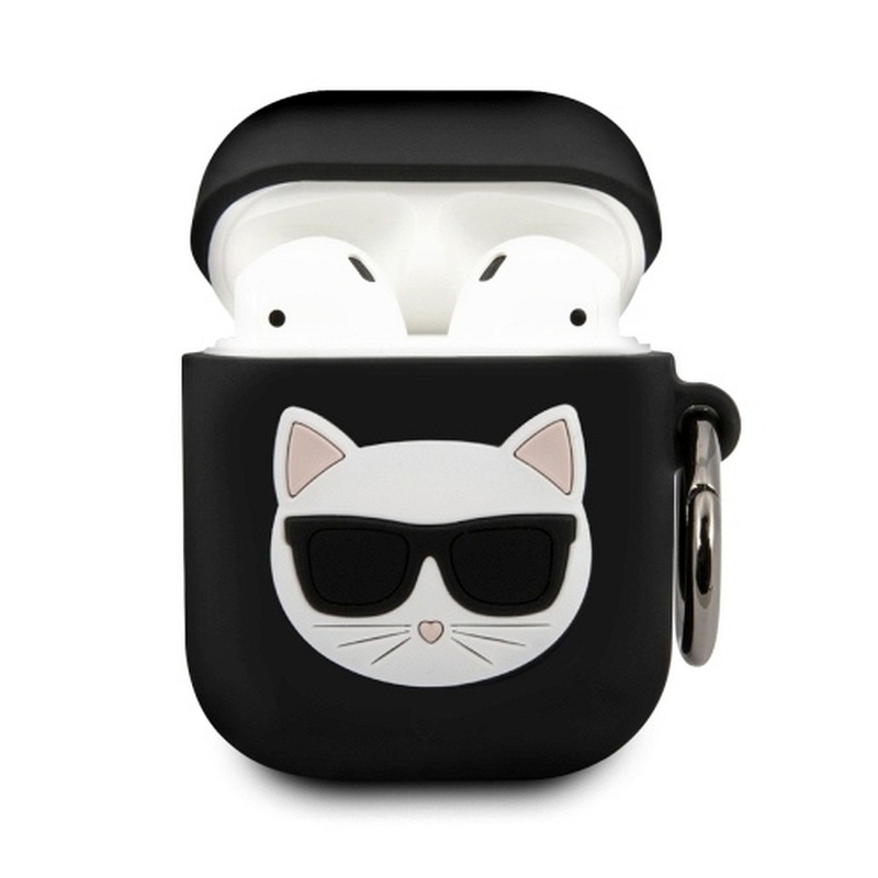 Pouzdro KARL LAGERFELD pro Apple AirPods - kočka Choupette - silikonové - černé; KLACA2SILCHBK