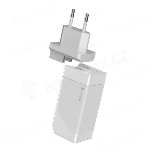 65W EU napájecí adaptér / nabíječka DEVIA GaN pro Apple iPhone / MacBook - 2x USB + USB-C - bílý