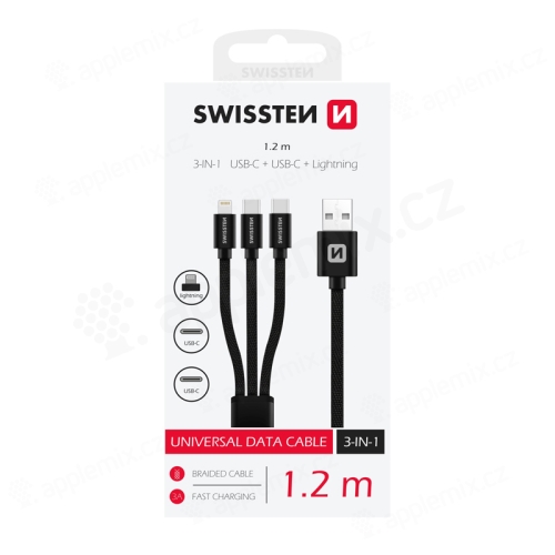 SWISSTEN Textilný nabíjací kábel 3v1 USB-C / 2x USB-C + Lightning - šnúrka - 1,2 m - čierny