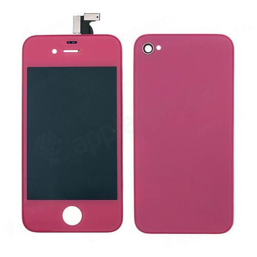 LCD panel včetně dotykového skla (digitizéru) pro Apple iPhone 4 a zadního krytu (skla) - tmavě růžový