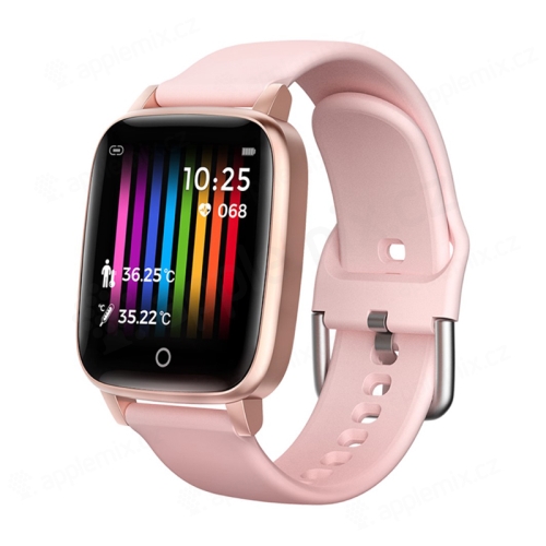 Fitness chytré hodinky T1 - měření teploty / krokoměr / měřič tepu - Bluetooth - kovové - Rose Gold růžové