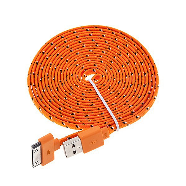 Synchronizační a nabíjecí kabel s 30pin konektorem pro Apple iPhone / iPad / iPod - tkanička - plochý oranžový - 3m
