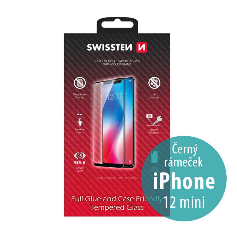 Tvrzené sklo (Tempered Glass) SWISSTEN Case Friendly pro Apple iPhone 12 mini - 2,5D - černý rámeček - 0,3mm