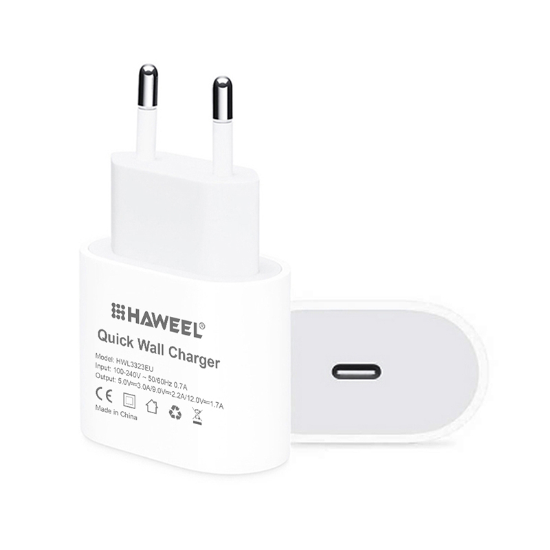 20W EU napájecí adaptér / nabíječka HAWEEL - rychlonabíjecí - USB-C pro Apple iPhone / iPad - bílý