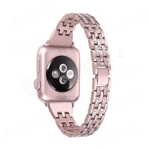 Řemínek pro Apple Watch 42mm / 41mm / 40mm / 38mm - s kamínky - kovový - Rose Gold růžový