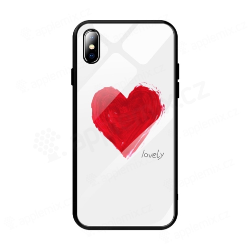 Kryt pro Apple iPhone Xs Max - srdce "lovely" - guma / sklo - černý / bílý
