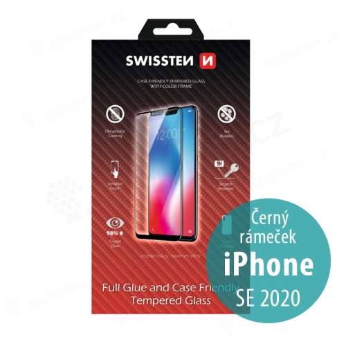 Tvrzené sklo (Tempered Glass) SWISSTEN Case Friendly pro Apple iPhone SE (2020) / SE (2022) - 2,5D - černý rámeček - 0,3mm